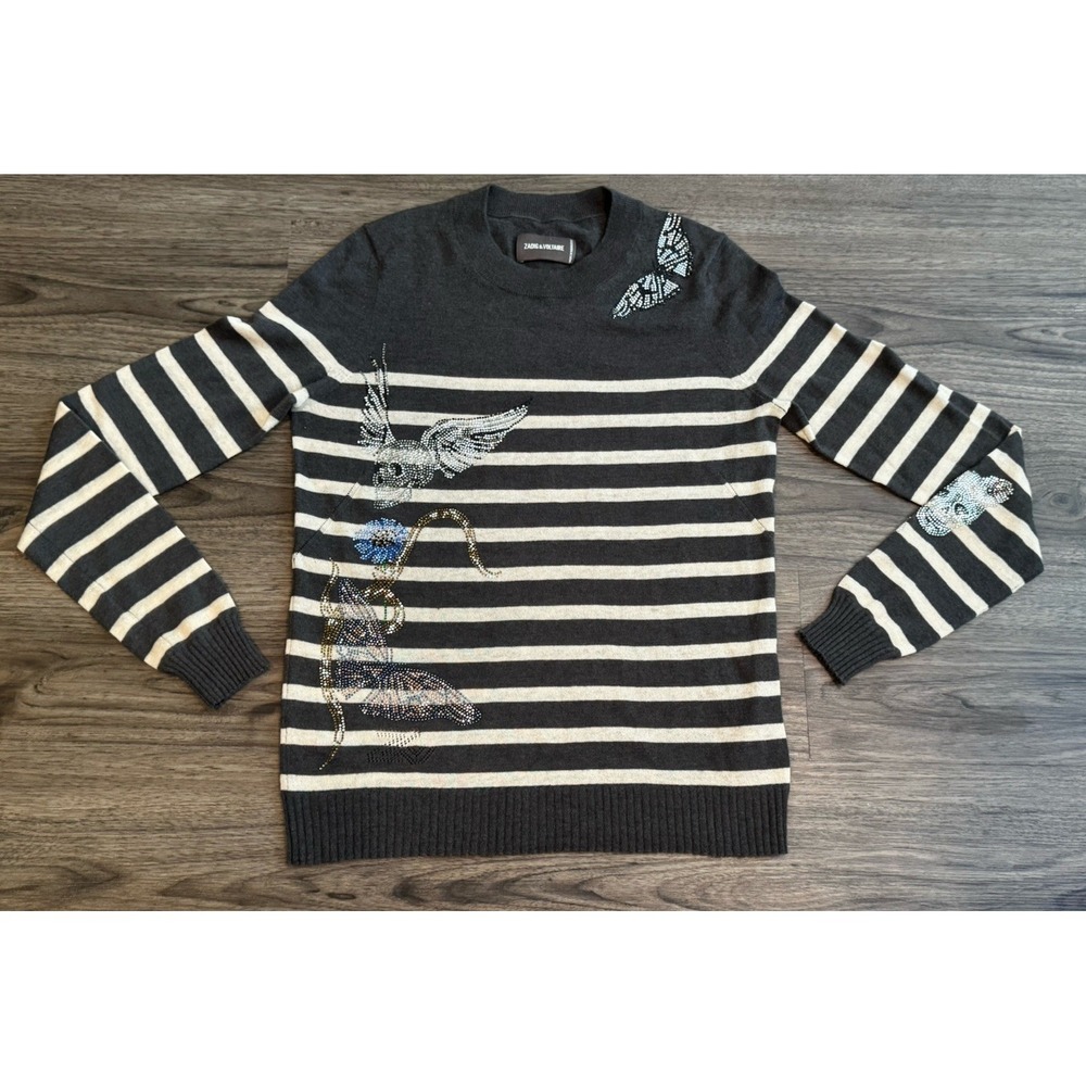 Zadig & Voltaire Cashmere Sweater XS Skull Diamante Stripe Designer Luxury $498